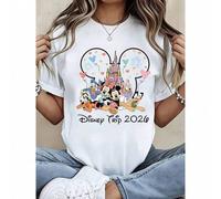 Shein Camiseta de manga corta con licencia de Disney para mujer para primavera y verano con diseños de Mickey, Minnie, Donald Duck, Goofy, Daisy y un castil