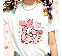 Shein Camiseta de manga corta con lunares "67" de My Melody "Ciao Kaka" para niñas, camiseta casual y bonita, tejido de algodón de alta calidad, transpirabl