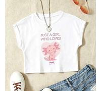 Shein Camiseta de manga corta con mangas enrolladas estilo verano para niñas, hecha de 100% algodón, con un lindo estampado de tritón y un ajuste holgado y