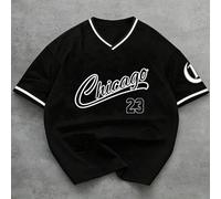 Shein Camiseta de manga corta con rayas y estampado de la letra Chicago para hombres de talla grande, para salir y volver a la escuela