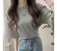 Shein Camiseta de manga corta con volantes, borde a rayas y ribete de contraste, top casual de verano para mujer para uso al aire libre con estilo preppy