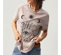 Shein Camiseta de manga corta, cuello redondo, suelta y lavable de unicolor de punto, camiseta gráfica para mujer