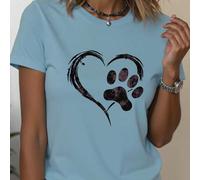 Shein Camiseta de manga corta, cuello redondo y casual para mujer con estampa de huella de perro y corazón