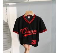 Shein Camiseta de manga corta de ajuste holgado con cuello en V y estampa de letras, apta para uso diario, escuela, viaje, deporte, temporada de primavera/v