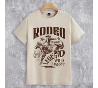 Shein Camiseta de manga corta de ajuste regular para hombre con estampado casual de estilo vaquero occidental americano vintage, para vacaciones