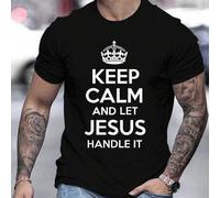 Shein Camiseta de manga corta de algodón puro con cuello redondo informal de verano para hombre, 220 g/m², con texto en inglés "Mantén la calma, Jesús proce