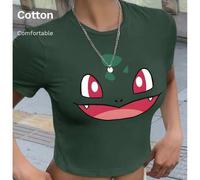 Shein Camiseta de manga corta de color liso para mujer. Diseño minimalista para uso diario. Estampado de semillas de rana mítica de cabeza grande de Pokémon