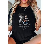 Shein Camiseta de manga corta de cuello redondo 100% algodón con firma de George Michael "Legends Never Die", moda urbana transpirable y suave, unisex