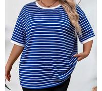 Shein Camiseta de manga corta de cuello redondo a rayas de uso diario versátil para mujer de talla grande