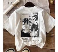 Shein Camiseta de manga corta de cuello redondo con estampa de paisaje de verano minimalista informal para niño preadolescente, de mezcla de algodón, apta p