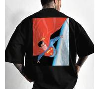 Shein Camiseta de manga corta de cuello redondo con estampado de galaxia con patrón minimalista de Superman para hombres, color negro, para el verano