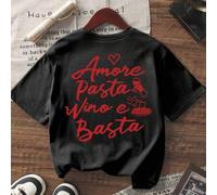 Shein Camiseta de manga corta de cuello redondo con estampado de letras de vino y pasta italiano, de moda minimalista de verano, versátil y elegante para mu