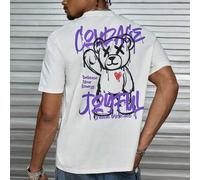 Shein Camiseta de manga corta de cuello redondo con estampado de logo de oso minimalista casual para hombres, de verano, lista para el streetwear