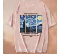 Shein Camiseta de manga corta de cuello redondo con estampado de pintura al óleo de estilo artístico de Van Gogh, de moda minimalista de verano, versátil y