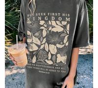 Shein Camiseta de manga corta de cuello redondo con estampado floral y eslogan "PERO BUSCAD PRIMERO SU REINO Y SU JUSTICIA, Y TODAS ESTAS COSAS OS SERÁN AÑA