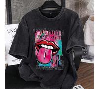 Shein Camiseta de manga corta de cuello redondo holgada y negra con estampado vintage de labios rojos con lengua hacia afuera, estilo callejero básico y cóm