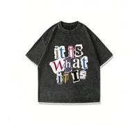 Shein Camiseta de manga corta de cuello redondo, para uso diario, con estampado de letras, parches de rompecabezas y lavado en talla grande para hombre, est