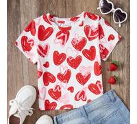 Shein Camiseta de manga corta de punto con cuello redondo, cómoda y casual, con estampado de corazón personalizado e interesante para niñas, camiseta roja l