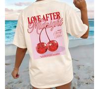 Shein Camiseta de manga corta de verano para mujer con estampado de cereza "LOVE AFTER MIDNIGHT", de cuello redondo, holgada y versátil, ideal para uso casu