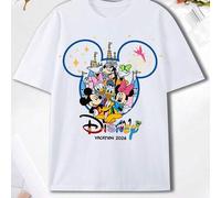 Shein Camiseta de manga corta Disney 2026 con estampado de Mickey, Minnie y castillo de vacaciones, camiseta de recuerdo del parque, look de pareja, look fa