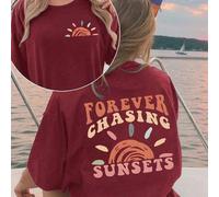 Shein Camiseta de manga corta grande para mujer con estampado de patrón de lema, adecuada para el verano "PERSIGUIENDO PUESTAS DE SOL PARA SIEMPRE" Camiseta