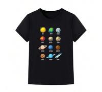 Shein Camiseta de manga corta holgada, cómoda y de moda con estampado divertido de astronomía, galaxias y planetas para entusiastas preadolescentes