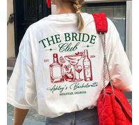 Shein Camiseta de manga corta holgada con estampado de cigüeña Savannah personalizada "Bride Club" para mujer, elegante cóctel y patrón de vino casual, top