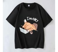 Shein Camiseta de manga corta holgada con estampado de gato divertido "Estoy bien" para mujer de talla grande, atuendo casual de verano negro