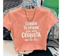 Shein Camiseta de manga corta informal y suave "More Amore Por Favor" para mujer, primavera/verano, 100% algodón, estilo romántico español, un artículo hech