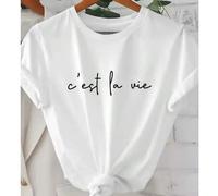 Shein Camiseta de manga corta lisa para mujer, camiseta minimalista de algodón con gráfico cursivo "C'est La Vie", ropa urbana Y2K, ropa informal para mujer