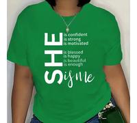 Shein Camiseta de manga corta oversize con lema "Ella es confiada, es fuerte, es motivada, es feliz, es bella, es suficiente, soy yo" para mujer, perfecta p