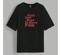 Shein Camiseta de manga corta oversize para mujer, casual y sencilla, con estampado gráfico en inglés "Girls Just Want to Have Fun" y cuello redondo