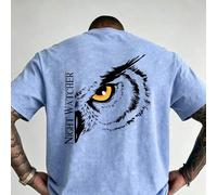 Shein Camiseta de manga corta para hombre con cuello redondo, estampado de búho vigilante nocturno y copos de nieve, moda de verano