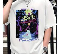 Shein Camiseta de manga corta para hombre con diseño de Buffy la Cazavampiros. Estampado de moda, 220 g/m², para hombre, informal, cuello redondo, algodón p
