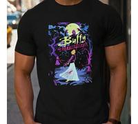Shein Camiseta de manga corta para hombre con estampado de Buffy la Cazavampiros, 220 g/m², informal, cuello redondo, algodón puro, manga corta (1 unidad)