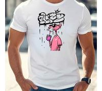 Shein Camiseta de manga corta para hombre con estampado de dibujos animados "La Pantera Rosa", cuello redondo, 220 g/m², para verano, de puro algodón, manga
