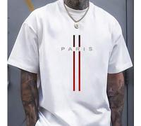 Shein Camiseta de manga corta para hombre con estampado de letras "PARIS" y rayas degradadas - Uso casual y cómodo, adecuado para deportes al aire libre en