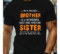 Shein Camiseta de manga corta para hombre con motivo "Proud Brother & Sister". Camiseta informal de manga corta de algodón puro de 220 g/m² con cuello redon