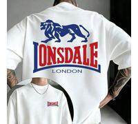 Shein Camiseta de manga corta para hombre, confeccionada en 100% algodón, con estampado a doble cara, logotipo del león de Lonsdale London, transpirable y d