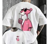Shein Camiseta de manga corta para hombre de 220 g de algodón puro, con estampado a doble cara de Pink P-anther bebiendo té de burbujas. El diseño incluye u