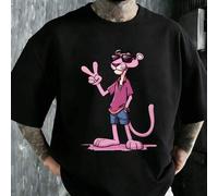 Shein Camiseta de manga corta para hombre de 220 g de algodón puro, con estampado de la Pantera Rosa haciendo un gesto de aprobación con el pulgar mientras