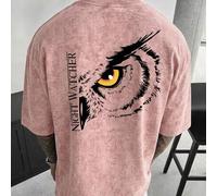 Shein Camiseta de manga corta para hombre de verano con cuello redondo, estampado de búho vigilante nocturno y estampado de copos de nieve