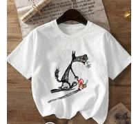 Shein Camiseta de manga corta para mujer de talla grande con estampado divertido de Caperucita Roja & Lobo Feroz, ilustración de cuento de hadas de fantasía