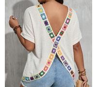 Shein Camiseta de manga corta para mujer, talla grande, de unicolor con aplicaciones de encaje a ganchillo, cuello redondo y abertura en la espalda, estampa