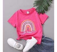 Shein Camiseta de manga corta para niña joven, de moda y bonita con impresiones interesantes de textos, flores, arcoíris y grafitis, patrones clásicos y ver