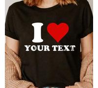 Shein Camiseta de manga corta personalizada para mujer - Personaliza con patrones del tema "I Love", agrega tu propio texto, elige el color y la fuente, dis