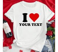 Shein Camiseta de manga corta personalizada para mujer - Personaliza con patrones del tema "I Love", agrega tu propio texto, elige el color y la fuente, dis