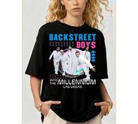 Shein Camiseta de manga corta unisex de algodón con gráfico retro del Tour de Las Vegas Into The Millennium de Backstreet Boys, estilo de los 80s