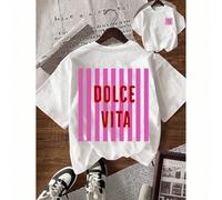 Shein Camiseta de manga corta y cuello redondo casual con estampa de letras y rayas, versátil para el verano