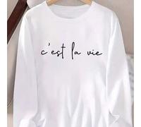 Shein Camiseta de manga larga blanca con estampado de texto manuscrito en francés "C'est La Vie", estilo artístico casual, camiseta de mujer de cuello redon